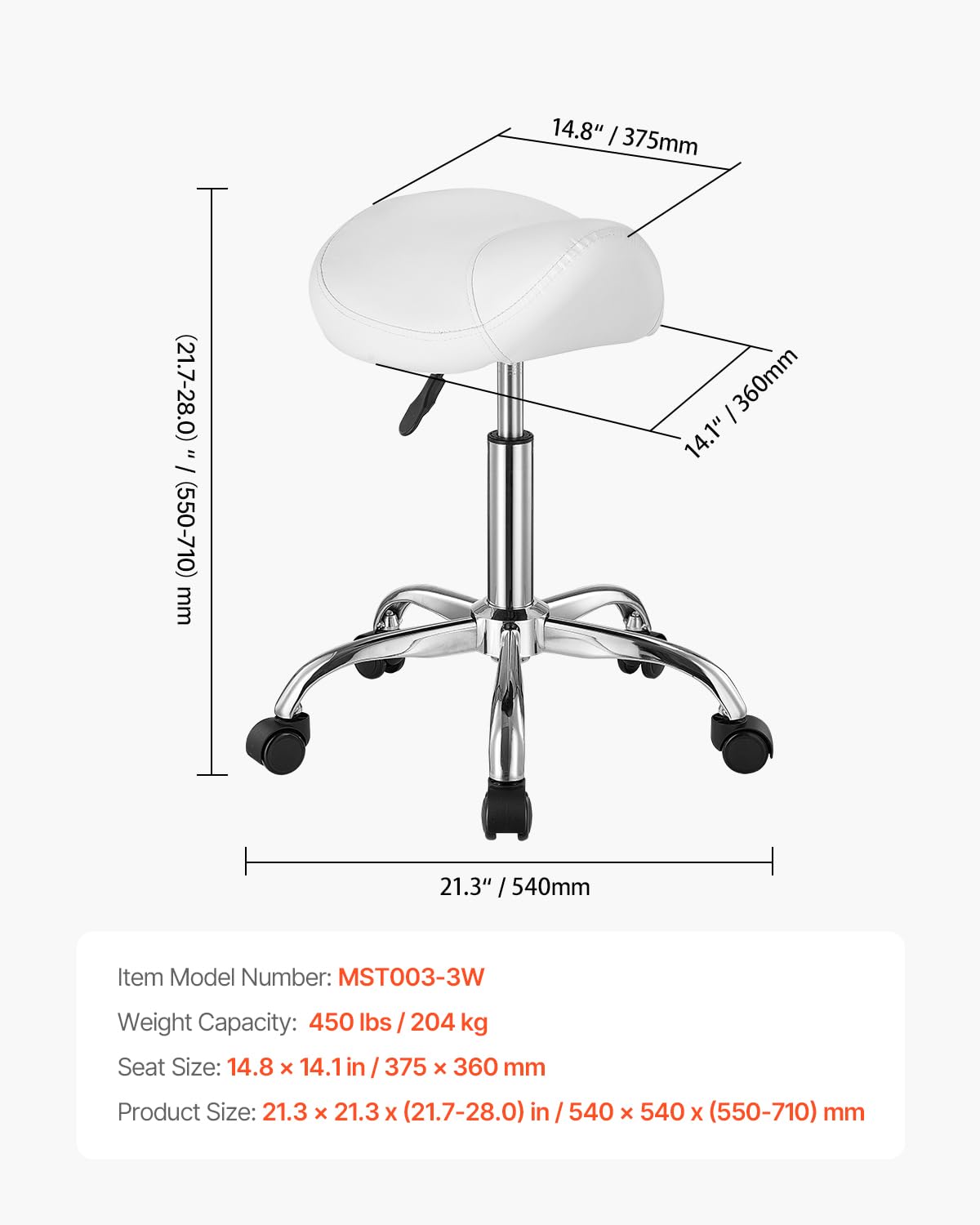 VEVOR Taburete Giratorio de Altura Ajustable de 55-71 cm, Carga de 204 kg, Taburete de Trabajo, Silla de Montar Giratoria Ergonómica de Cuero de PU Engrosada para Salón SPA Clínica de Masaje, Blanco