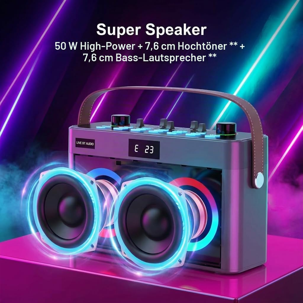 MT-VIKI Audio Mixer Bluetooth Karaoke Maschine Lautsprecher mit 2 drahtlosen Mikrofonen + Handschlaufe, LED-Lichter, TF-Karte, AUX-in für Home Party, Picknick, Auto, Outdoor/Indoor