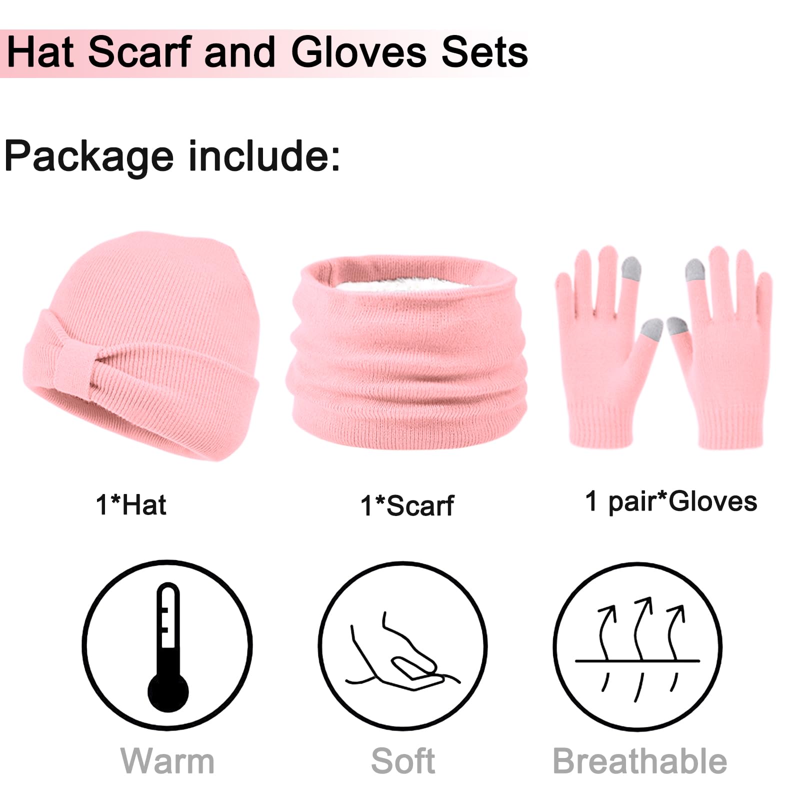 Enwokran 3 Stück Kinder Wintermützen Handschuhe Schal Set Beanie Mütze Knoten-Bogen Warme Gestrickte Touchscreen-Handschuhe Loop Schlauchschal für Jungen Mädchen 3-8 Jahre Outdoor Aktivitäten