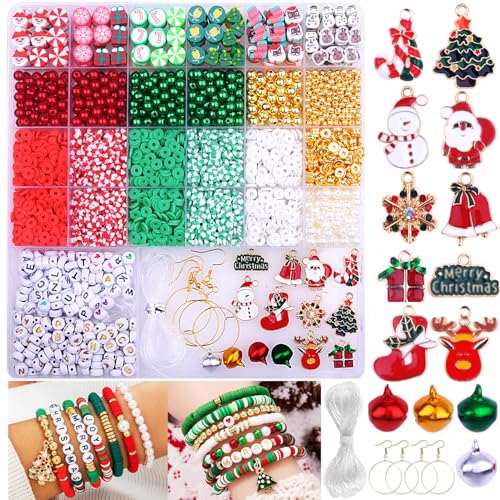 BBita 3680pcs Christmas Polymer Clay Beads Charms for Bracelets Making Kit Christmas Tree Snowman Santa Claus Snowflakes Bells Socks elk Friendship DIY Arts Crafts Gifts for Kids Girls