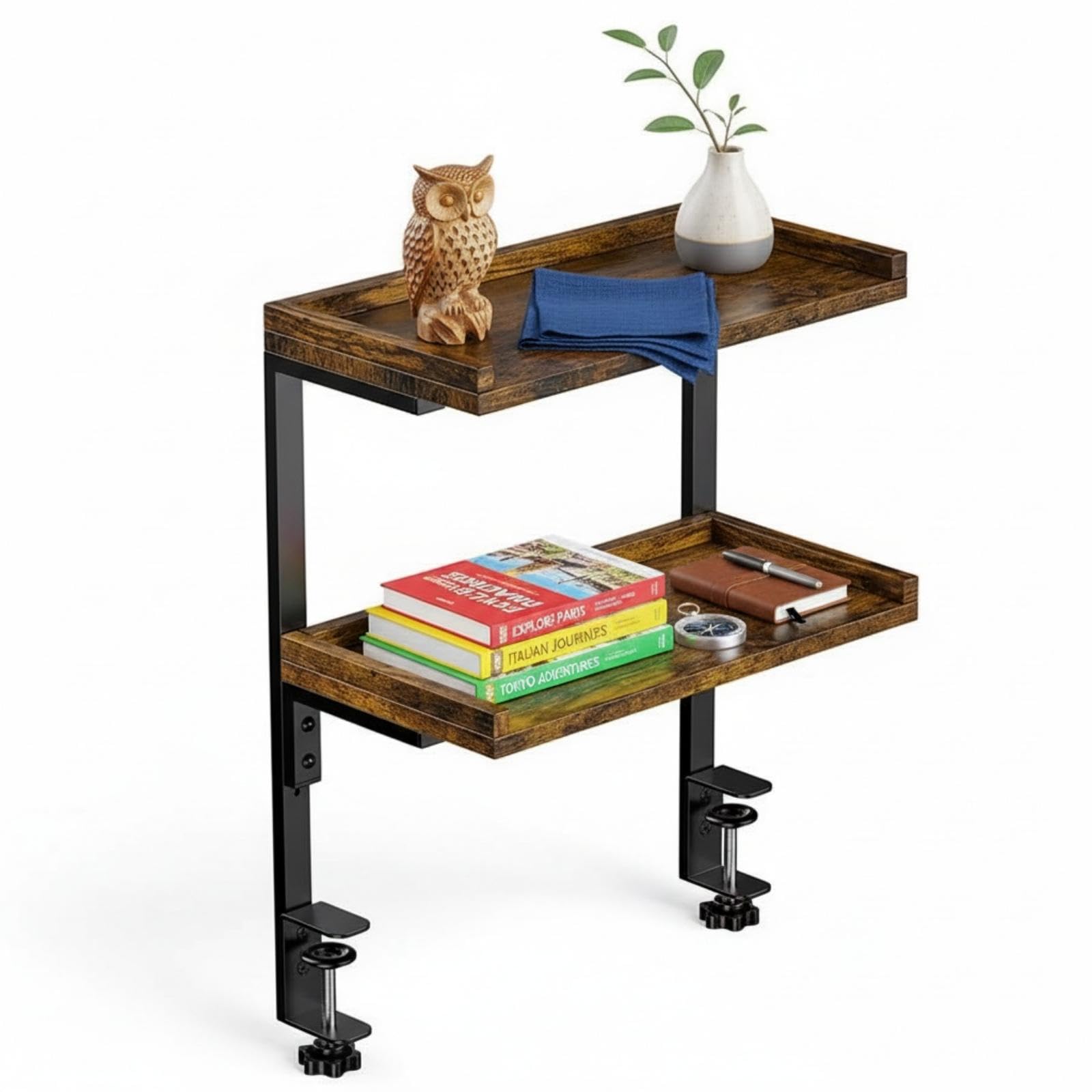 Perclyzm Clamp On Desk Shelf, 2-Tier Wood Shelving Unit For Office & Gaming Accessories, Desktop Book Storage Rack, Brown, 31.8×16.7×42.8cm