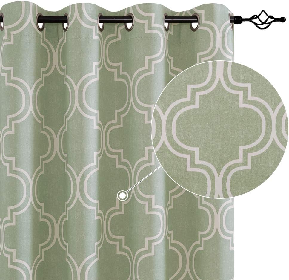 jinchan 70% Blackout Moroccan Tile Curtains 63 Inches Long for Bedroom Sage Green Trellis Printed Grommet Top Room Darkening Thermal Insulated Window Drapes 2 Panels