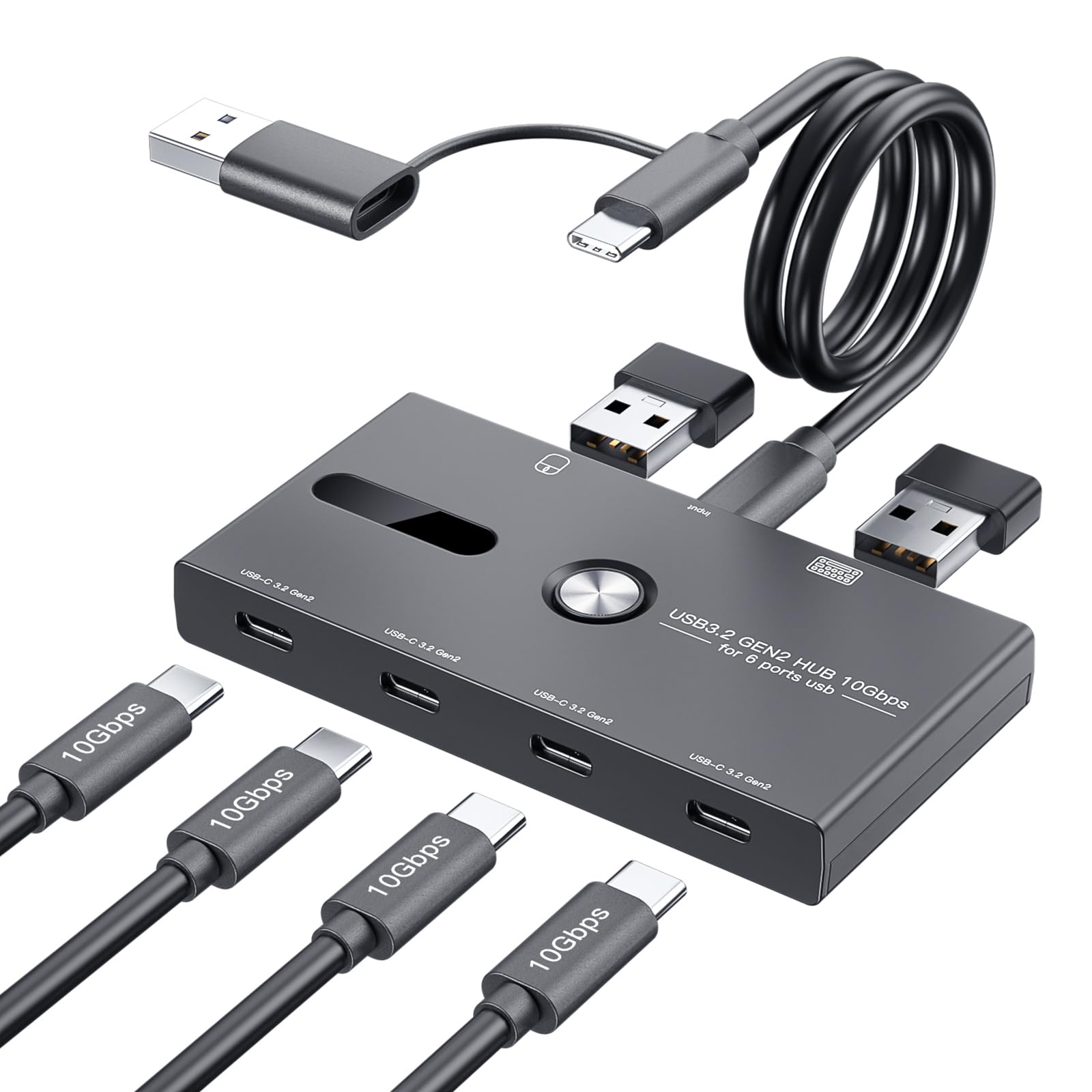 Adaptateur USB de type C 6 ports pour transfert de données et connexion de périphériques de clavier, répartiteur USB à plusieurs ports