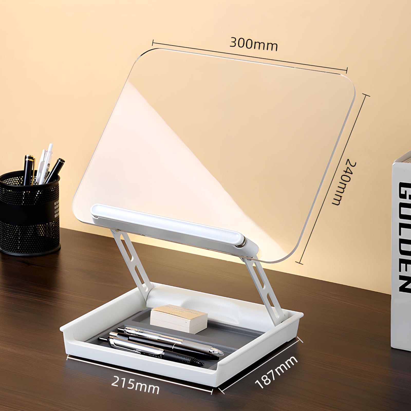 Supporto per libri in acrilico trasparente con cassetto nascosto regolabile per leggere lavori cucina, contenere tablet, libri cucina, accessori da scrivania