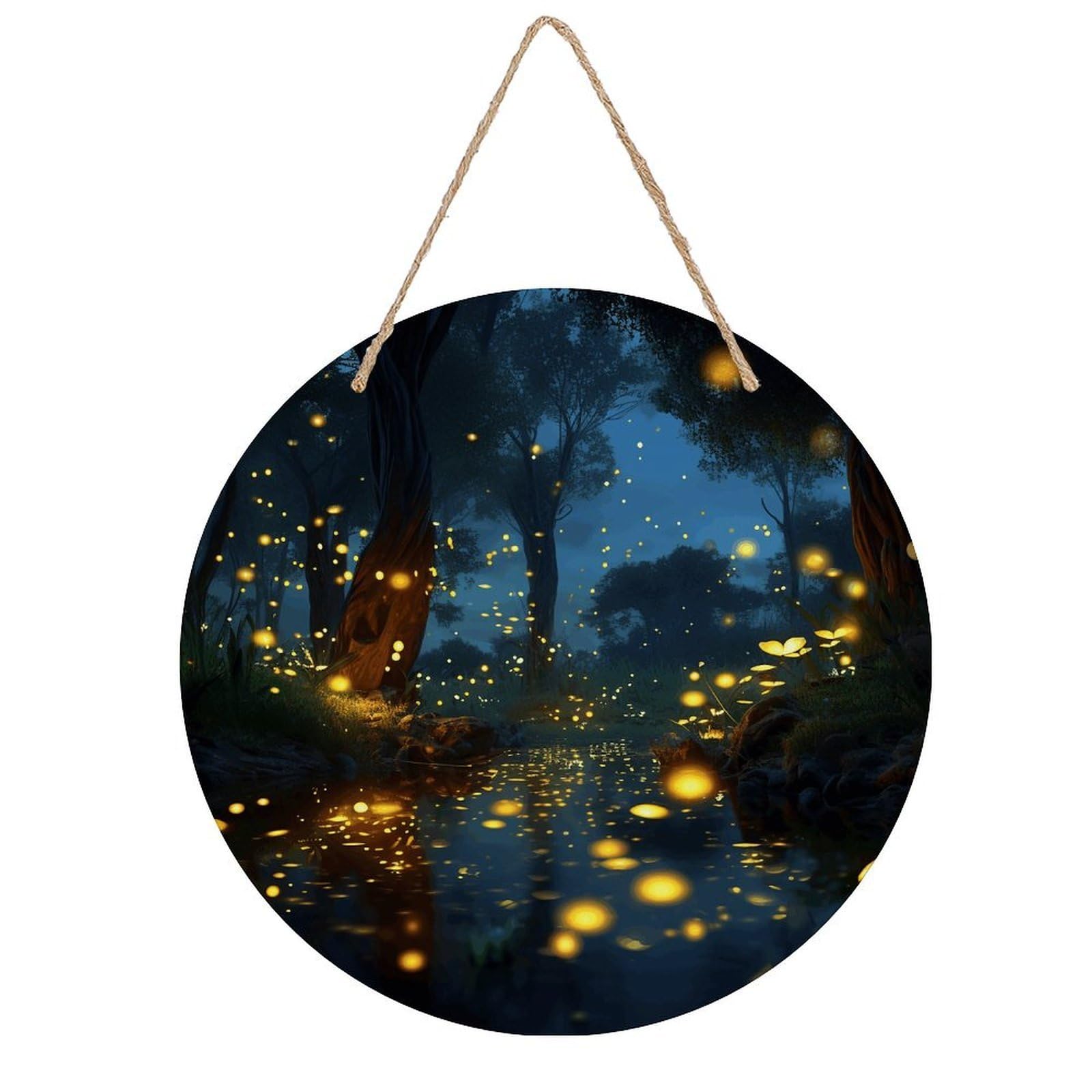 VstaDank Fireflies Wooden Wall Art Decor Round Wood Plaque Wooden Door Hanger Sign with Hole And Hanger Rope Trend Wood Decorative Paintings for Home Outdoor Indoor 7.87 Inch