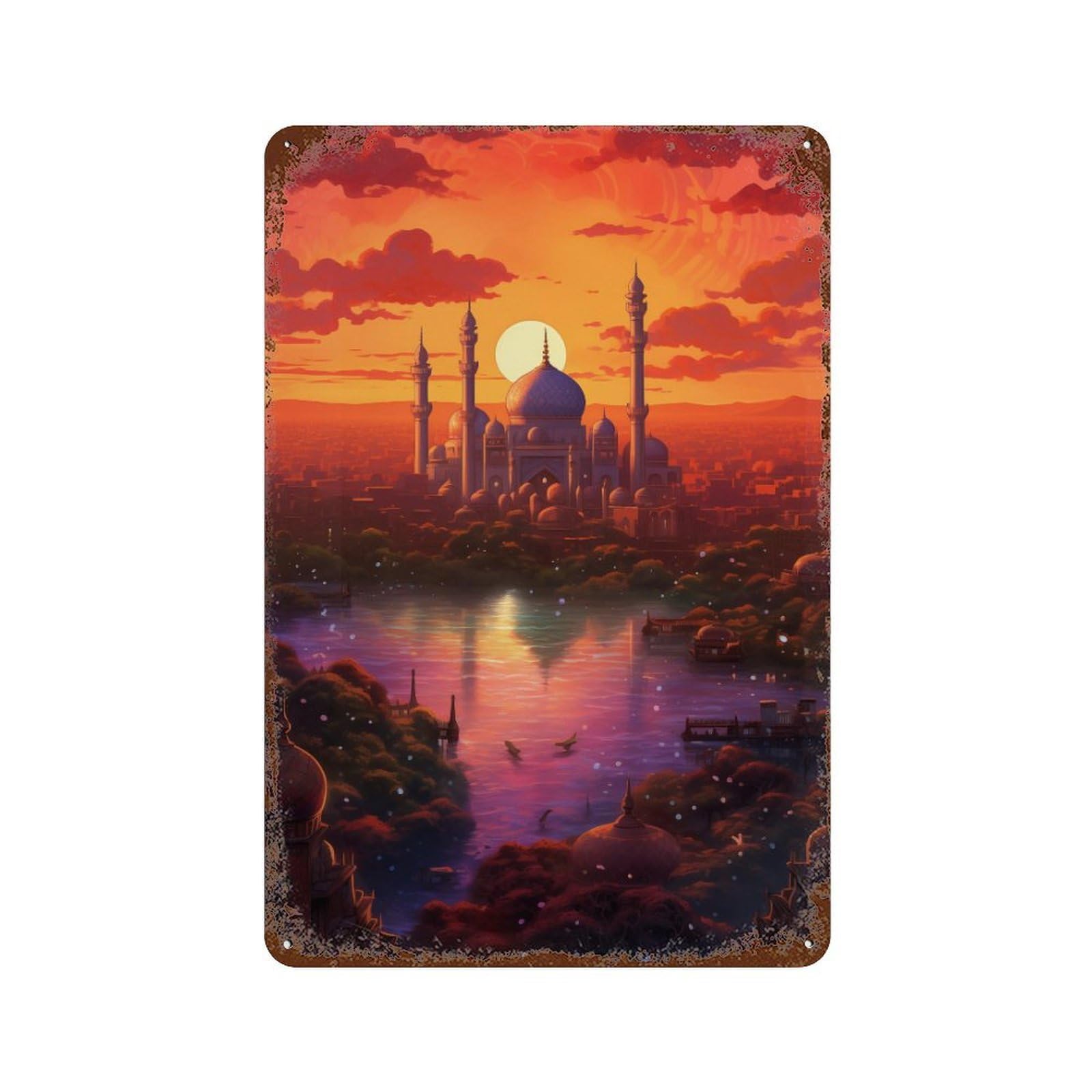 Rust Effect Magical Sunset Over Ancient Cityscape Retro Metal Sign 11.8"x7.9", Farmhouse Wall Decor for Living Room, Hallway And Home Decor