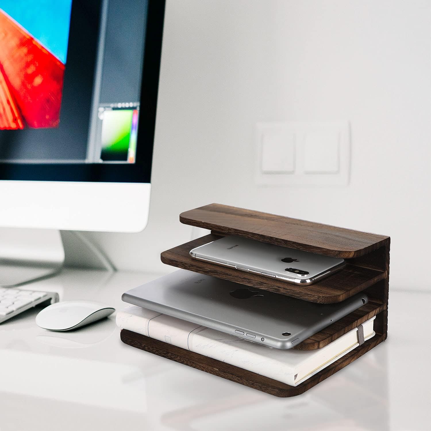 File Holder for Desk,Wood Paper Organizer,Rustic Desk Organizer,Mail Sorter for Desktop,Organizer for Counter,Letter Organizer for Document/Filing/Folders/Paper,Darkbrown