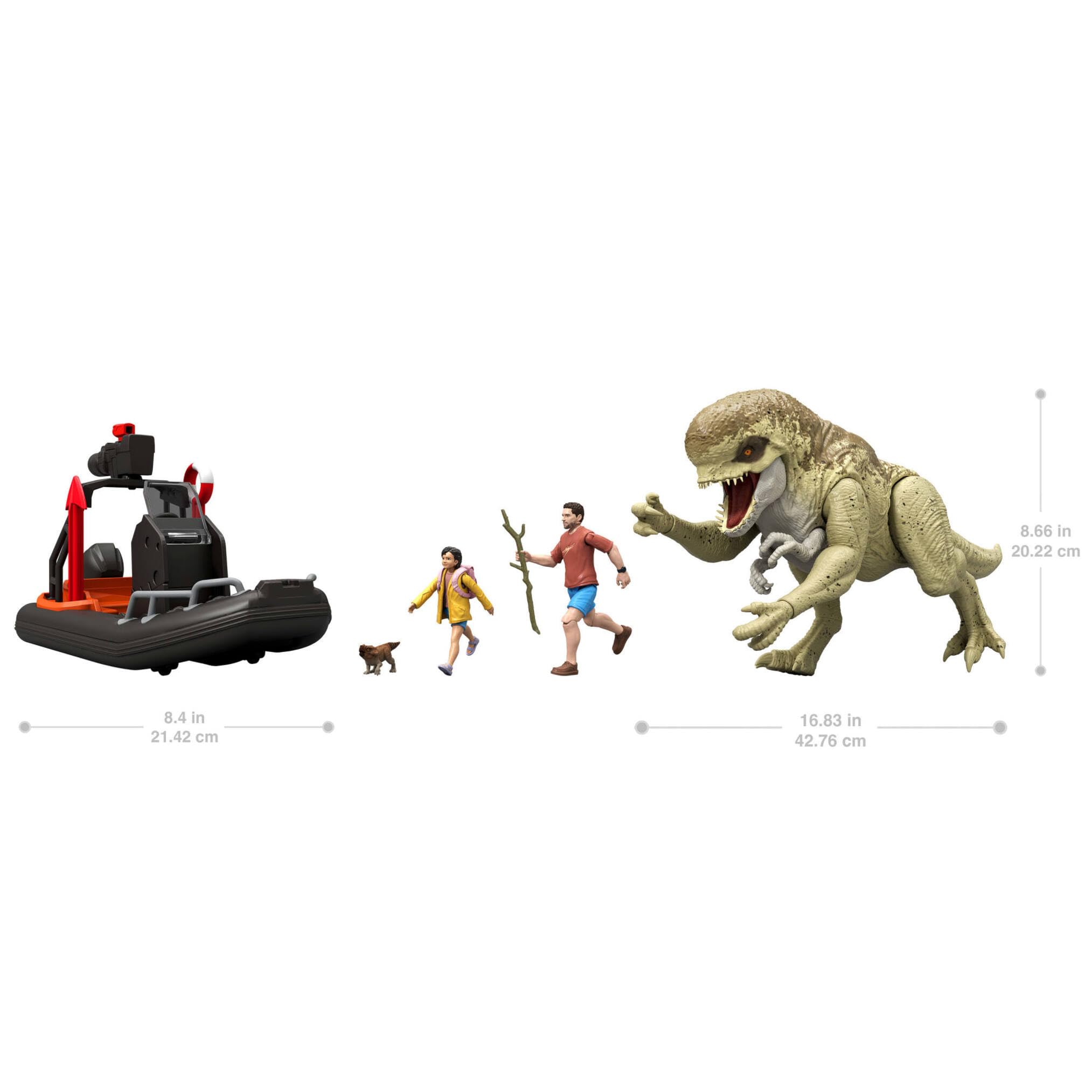 Mattel Jurassic World: El Renacer Conjunto de historia, vehículo con figuras de humanos y dinosaurios, balsa de la película, Distortus Rex y Delgado, Isabella y aquilops, Escape de la isla, JGB55