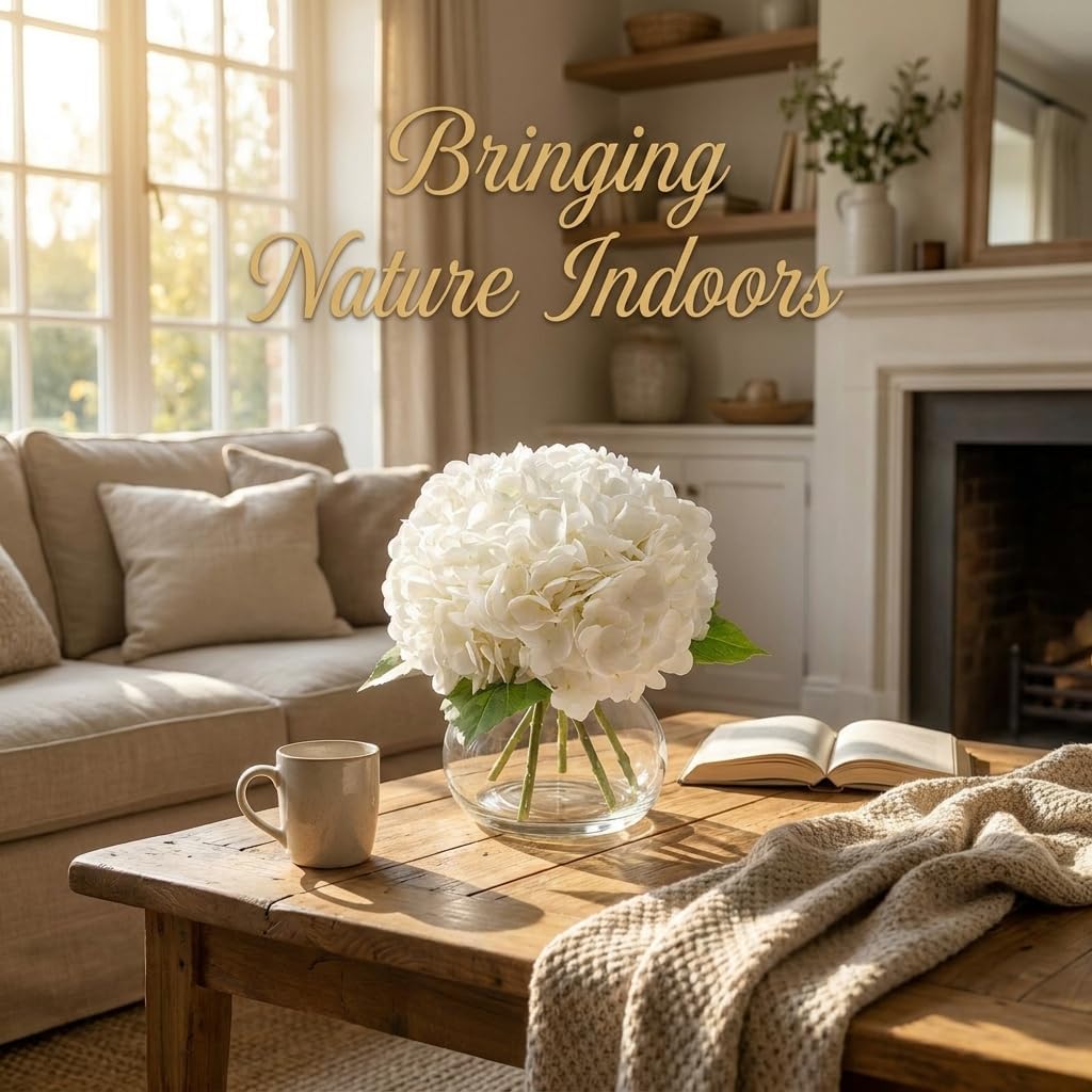 Hydrangea Artificial Flowers with Vase, Real Touch Latex Fake Hydrangeas Spring Stem Leaves Bouquet with Faux Water, Realistic Faux Flower for Home Office Bedroom Table Centerpiece Decor White