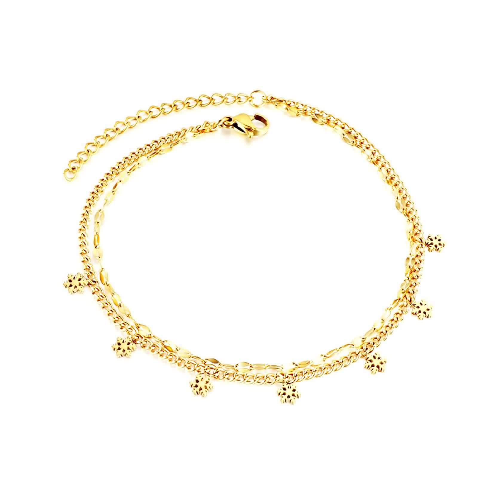Tobillera de oro de 9 quilates, 26 cm, doble cadena Au 375 con copo de nieve, tobillera para mujer, estilo bohemio, verano, descalzo, playa, para mujer