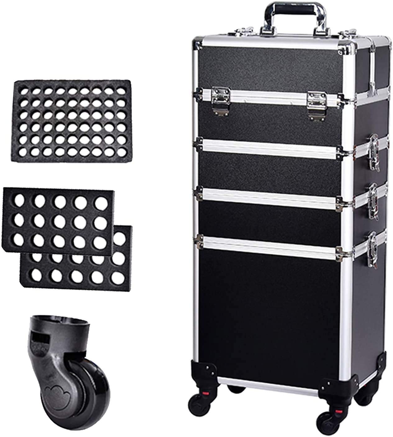 ADSON Professional Hairdressing Case Makeup Box Aluminium Cosmetic Vanity Trolley 4 In 1 Make-Up Nail Art Case Box With 360° Wheels (Black) 2