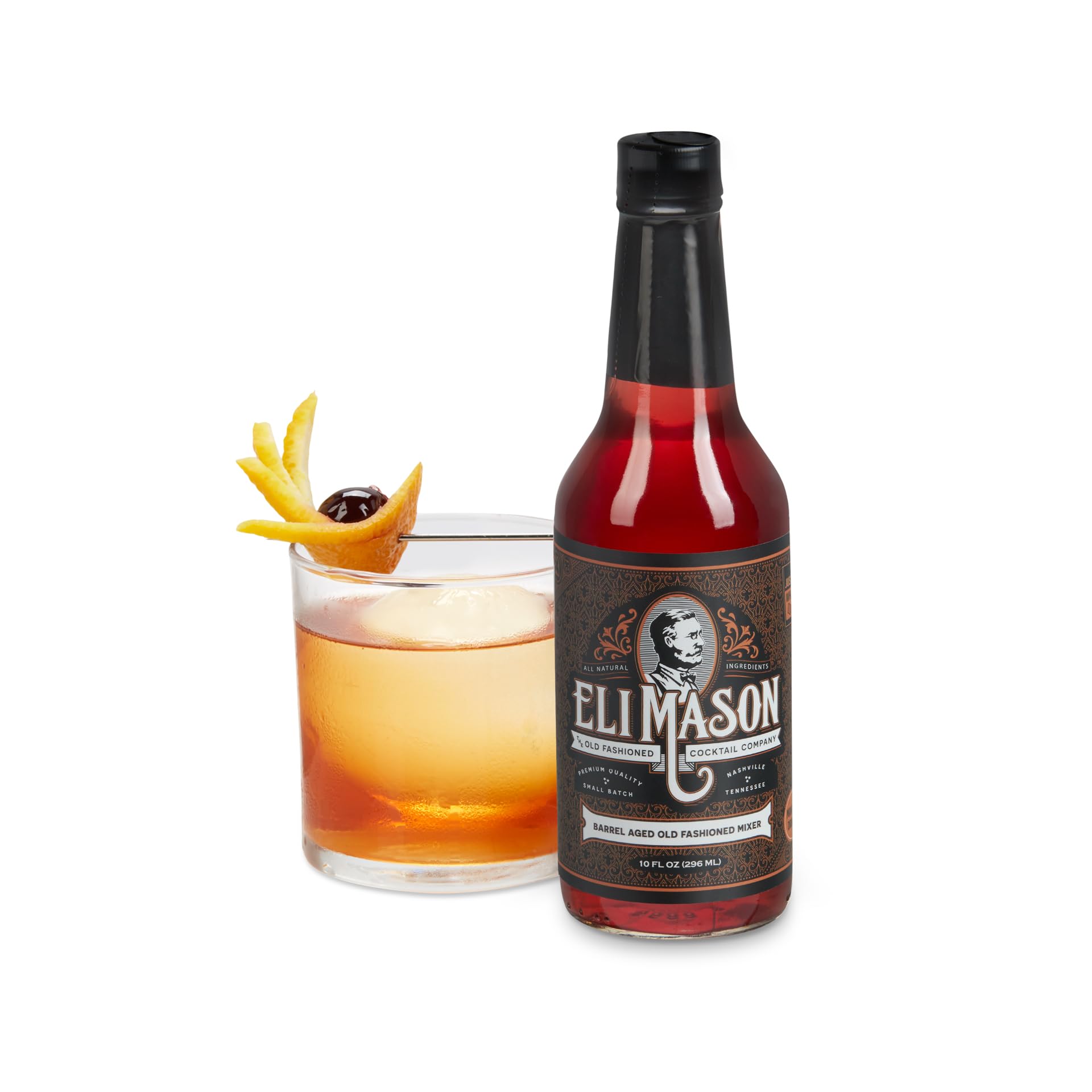 Eli Mason Barrel Aged Old Fashioned Cocktail Mixer - All-Natural Old Fashioned Cocktail Syrup - Uses Real Cane Sugar & Cocktail Bitters - Barrel Aged in USA, Small Batch Cocktail Mixes - 10 Ounces