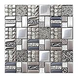 Metallic Glass Mosaic Tiles Silver Gray 100% Glass Tile Water Resistant for Kitchen Backsplash Bathroom Shower Accent Wall Decor TSTGT151 (5 Square Feet)