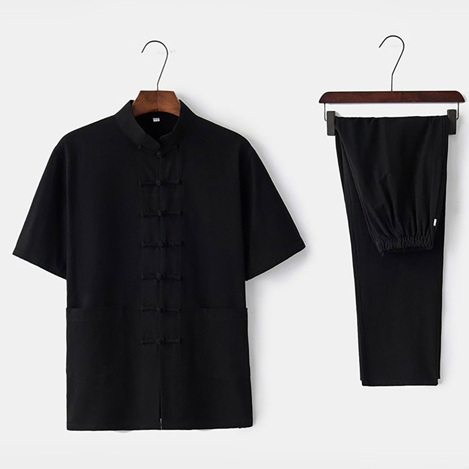 Traje de lino para hombre chándal de verano estilo chino Tai Chi Qigong Tang traje de manga corta camisa y pantalones de dos piezas elegante casual traje de chándal de un solo color