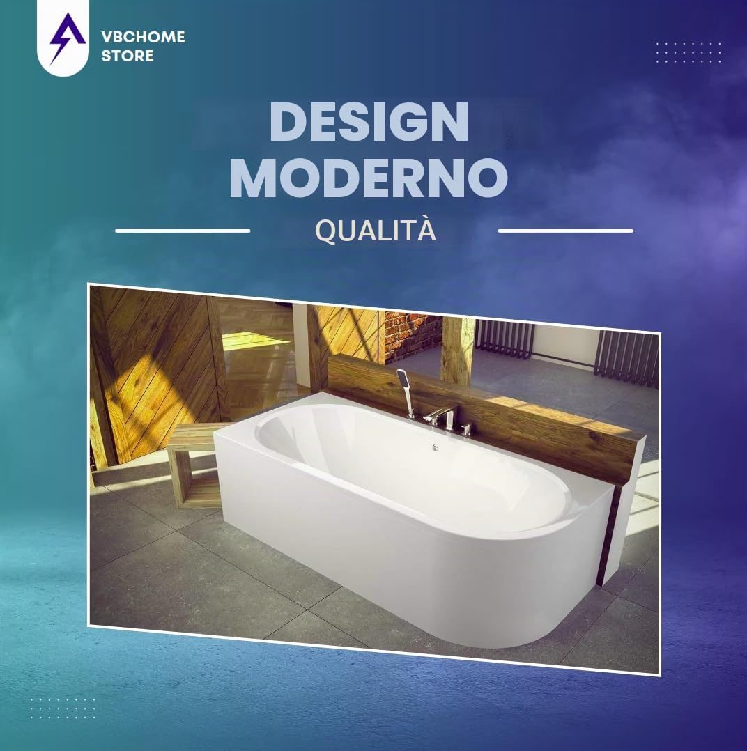VBChome Vasca da bagno 170 x 75 cm, in acrilico, set sifone, vasca ad angolo, colore bianco, design moderno, scarico per 2 persone a sinistra (vasca 170 x 75 sinistra + grembiule +