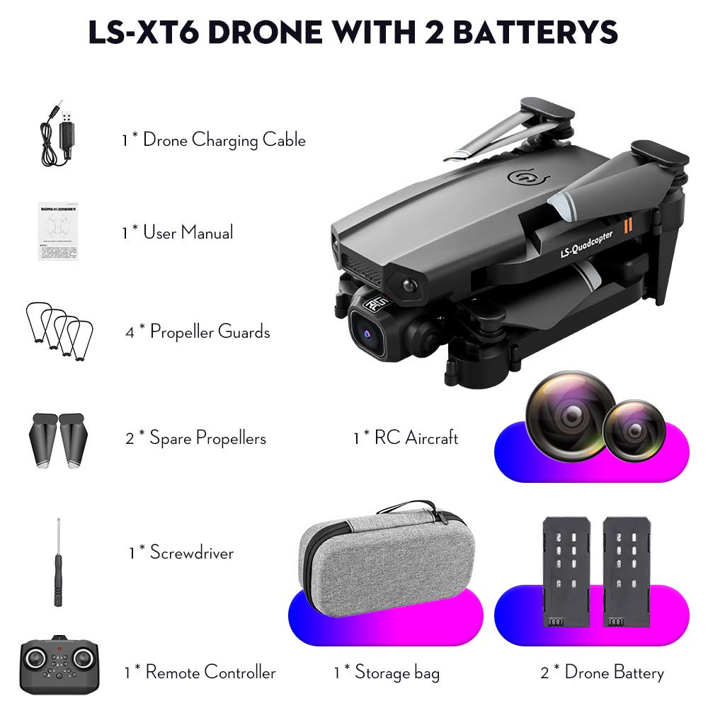 Goolsky LS-XT6 RC dron con cámara de 1080 p, seguimiento de vuelo, sensor de gravedad, gestión de fotos/vídeo, modo para mantener altitud, cuadricóptero de radiocontrol para adultos o niños