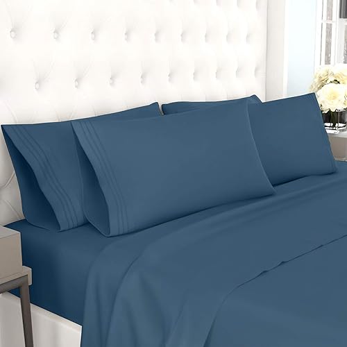 HOMEXPERTS Hypoallergenic Brushed Microfiber Queen Bed Sheets Set- 15” Deep Pockets - Sateen Weave - 6 Piece Queen Bedding Fitted Sheet Set -with 2 Bonus Pillow Cases –Wrinkle Resistant (Denim Blue)