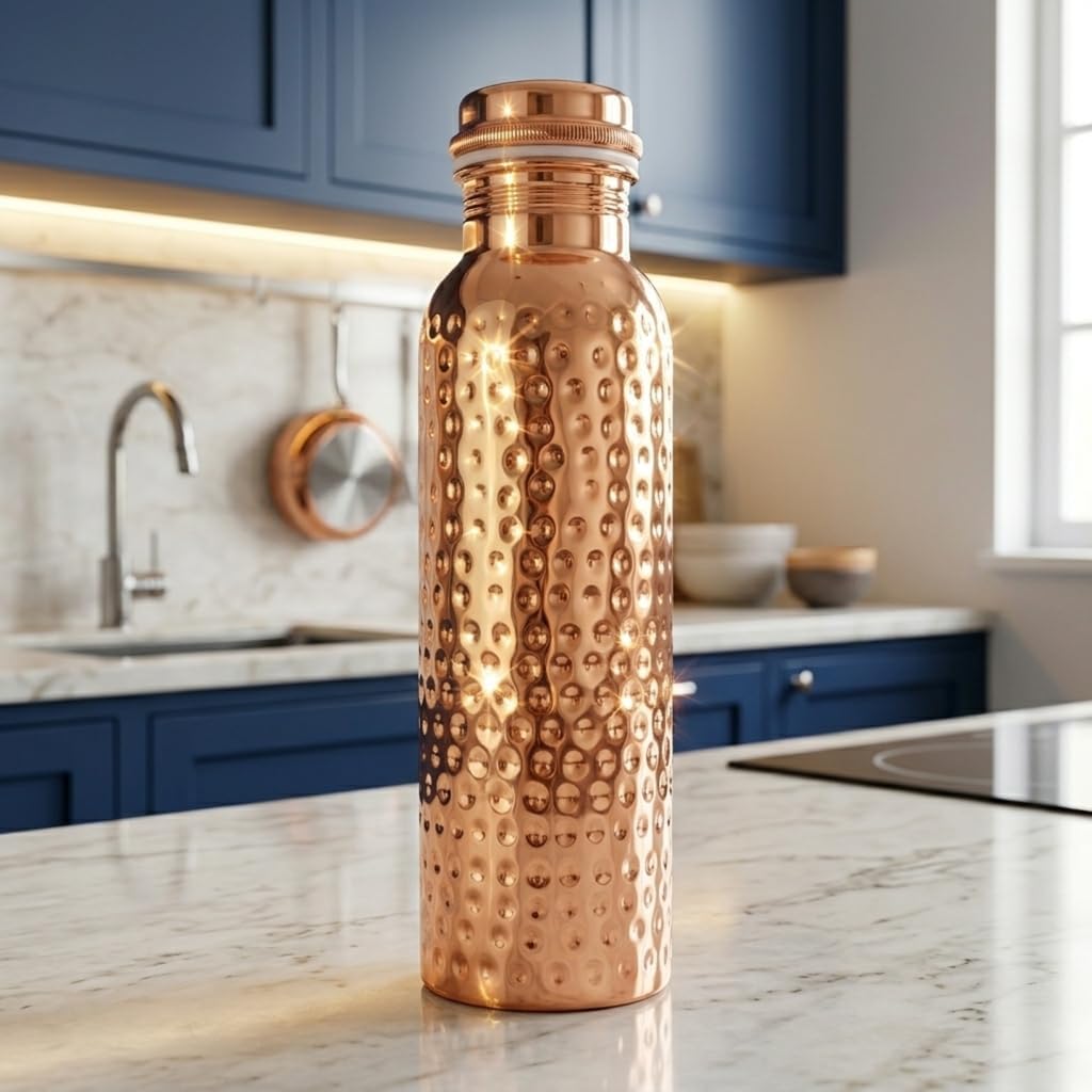 100% Pure Copper Water Bottle 34 Oz (1000 ml) Hammered Ayurvedic Copper Vessel for Drinking Leak-Proof, Reusable & BPA Free Large Metal Flask for Home, Office, Gym & Travel