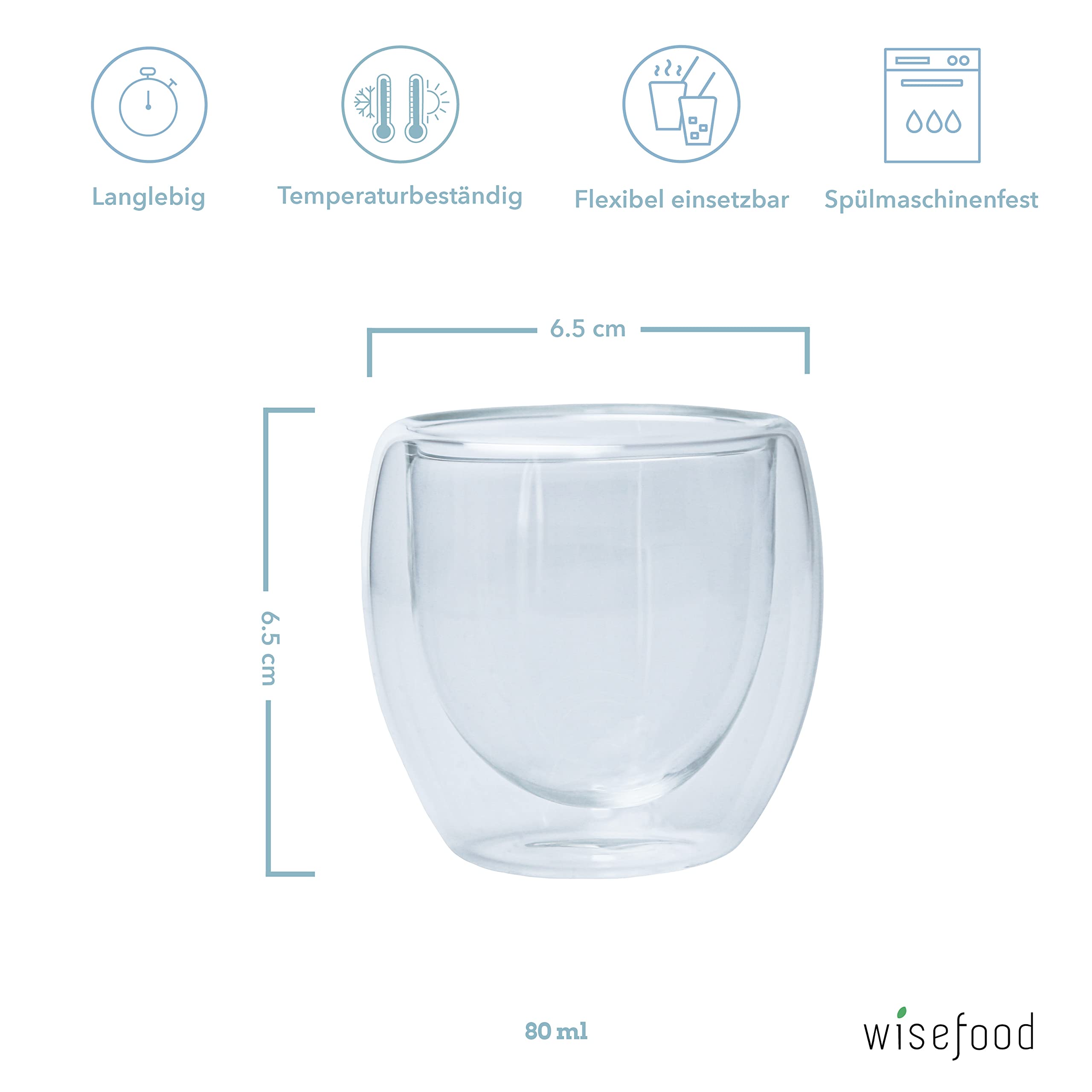 wisefood Bicchieri da espresso 80 ml, 63 x 4 set (252 bicchieri), bicchieri termici a doppia parete con effetto isolante, in vetro borosilicato