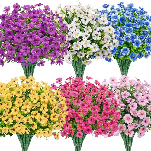Image of Bassion 24 Bundles Artificial Flowers for Outdoors Fake Flowers, Colorful | UV resistant, silk flowers, realistic faux plants for outdoor planter, window box porch patio garden home outside decor