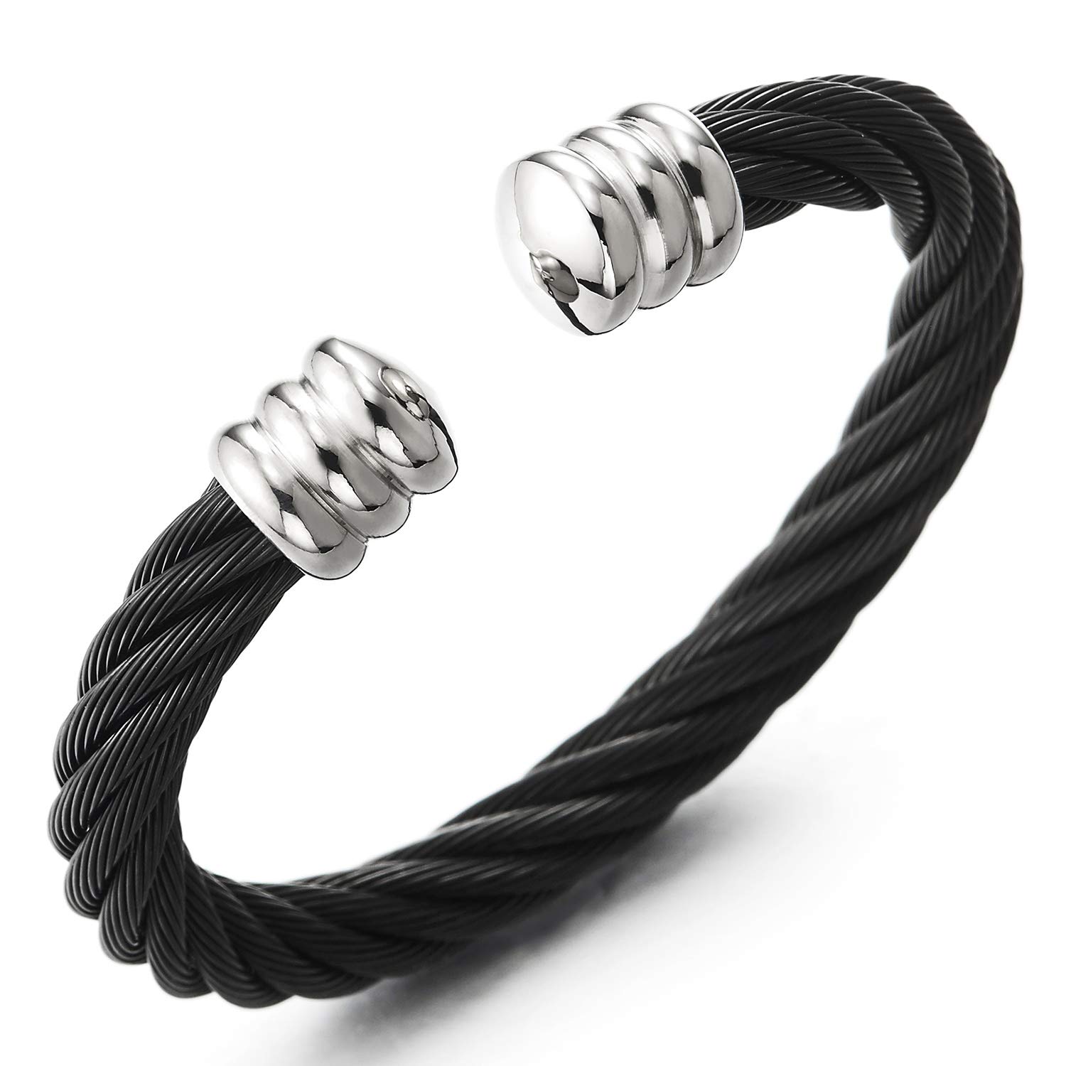 COOLSTEELANDBEYOND Large Elastic Adjustable Steel Twisted Wire Cuff Bangle Bracelet for Men Women