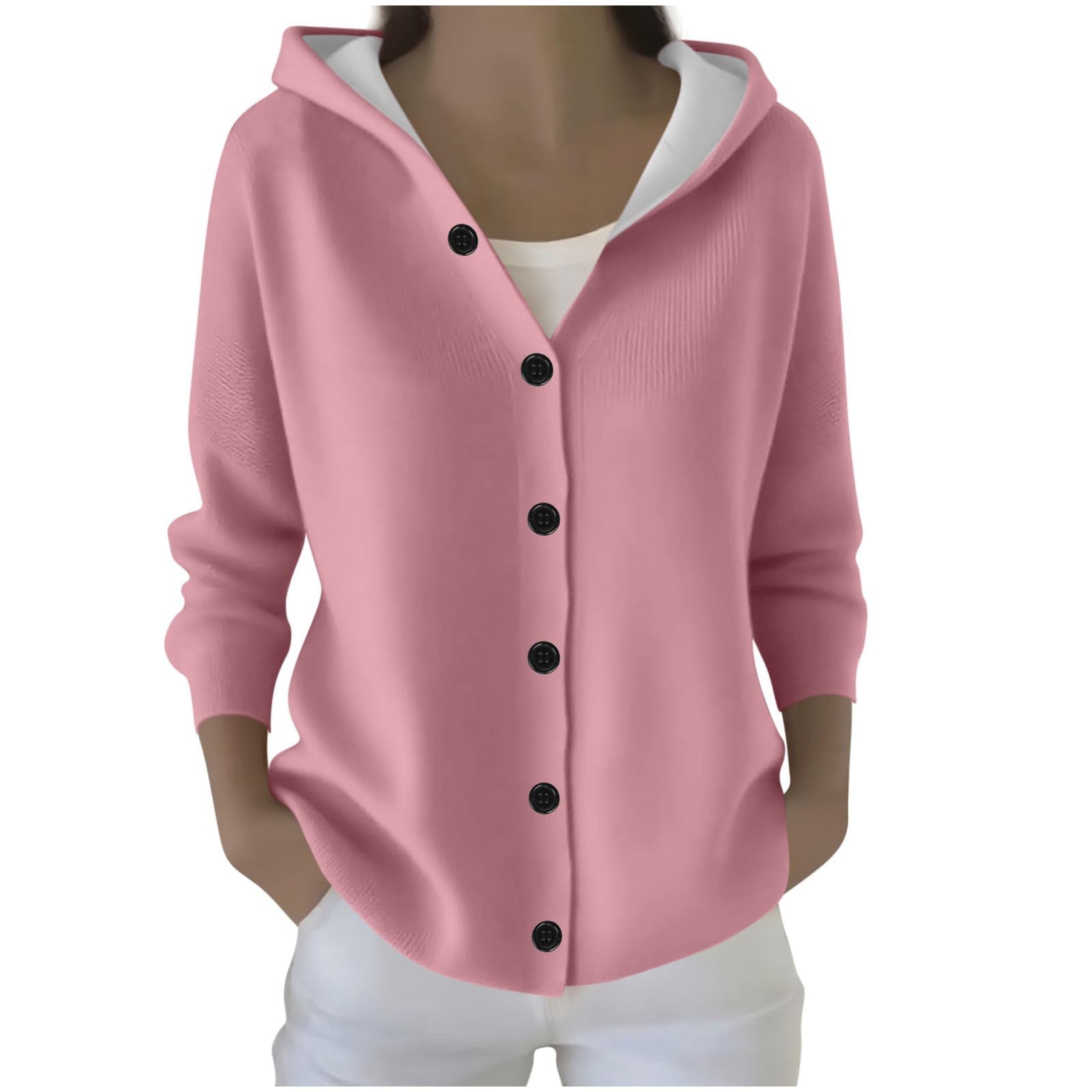 JOAU Womens Cardigan Sweaters Casual Ribbed Knit V Neck Button Jackets Long Sleeve Open Front Hooded Sweater Coat