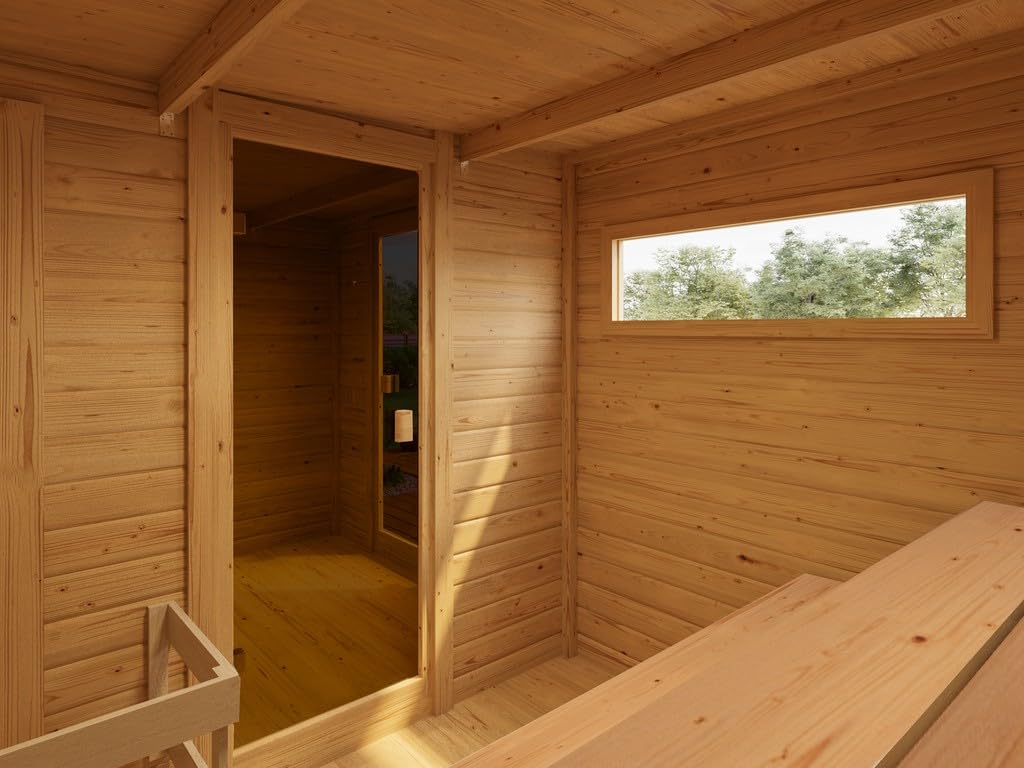 Karibu Gartensauna 396,1x224,9x212,4cm│Außensauna mit Vorraum│mit bronzierter Glastür & 2 Liegen│Fronteinstieg│Massivholz│für 2–4 Personen + Boden