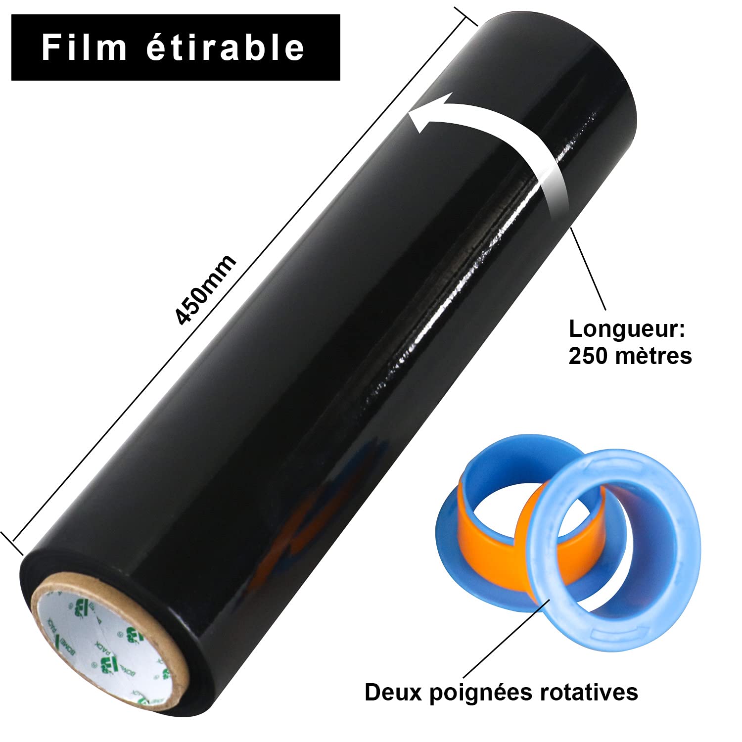 BOMEI PACK Film étirable déménagement 250m x 450mm x 17µm lot de 4 avec poignée