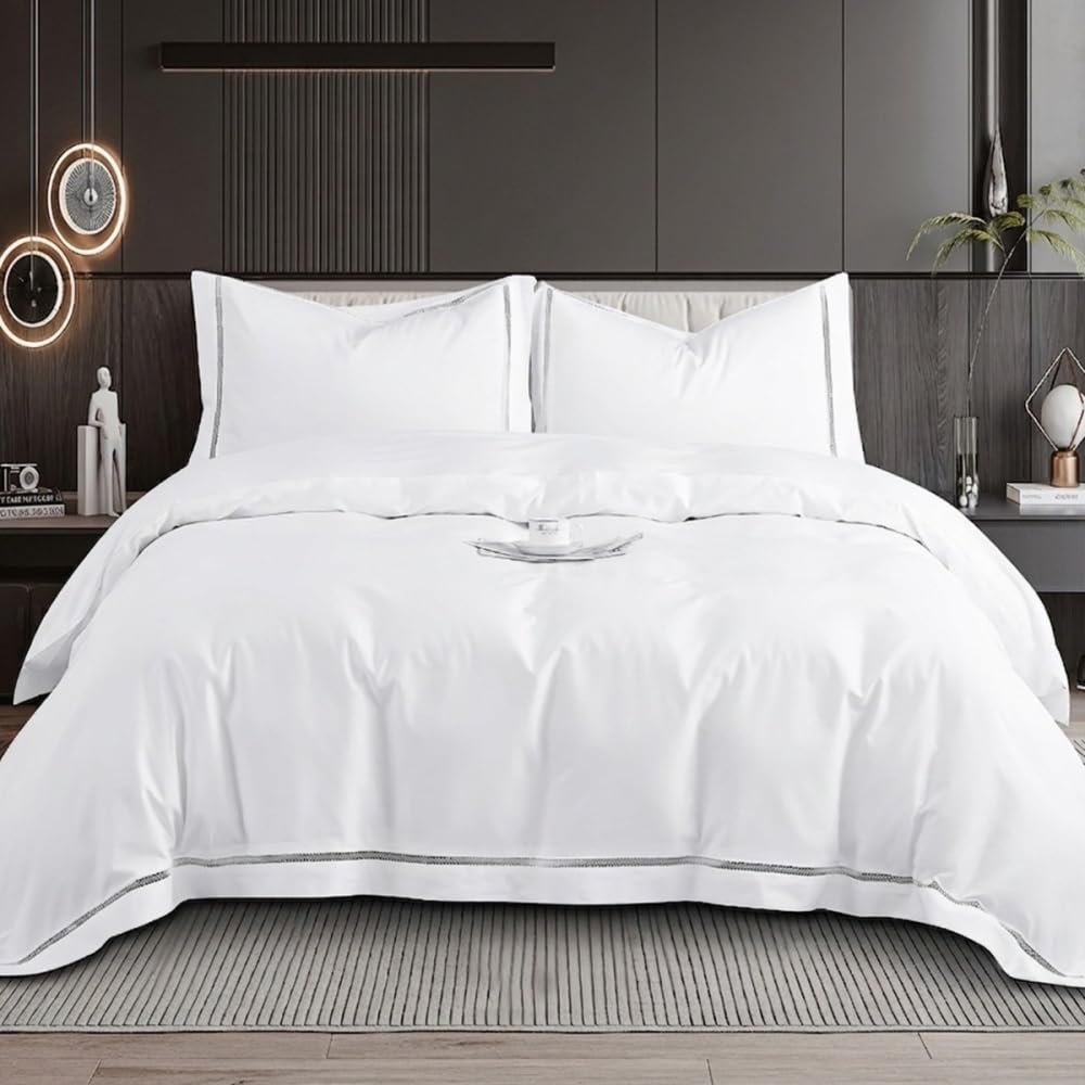 Housse de Couette brodée 220x240 cm Satin de Coton 120 Fils/cm² avec taies à Volant 65x65 cm - Luxe et élégance