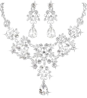 Coollooda Necklace and Earrings Set, 2-Piece Set, Rhinestone, Crystal, Womens, Weddings, Parties, Recitals, Brides, Mothers Day, Gift, Accessory, Silver