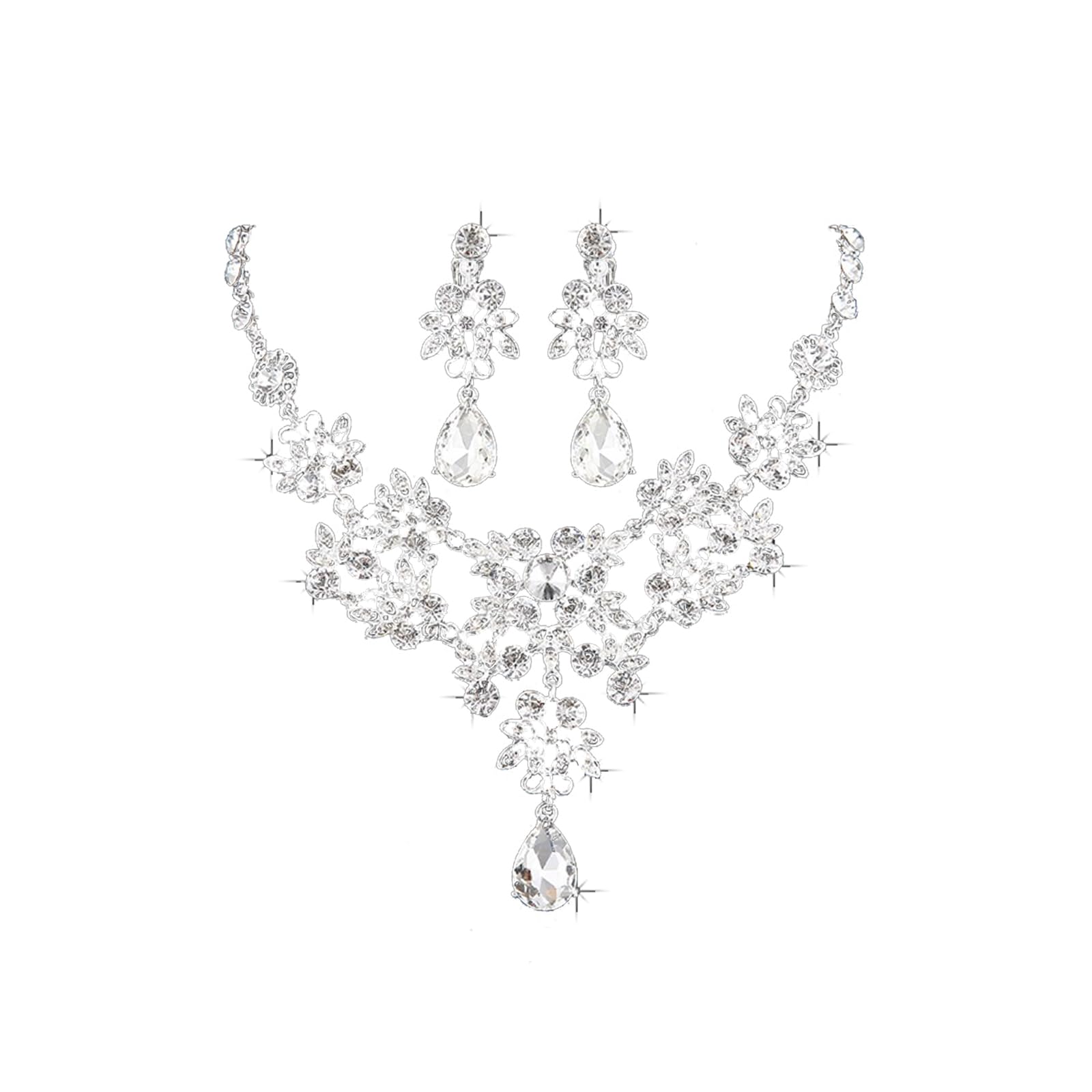 [Coollooda] ネックレス ピアス セット 2点セット ラインストーン クリスタル レディース 結婚式 パーティー 発表会 花嫁 母の日 プレゼント アクセサリー シルバー