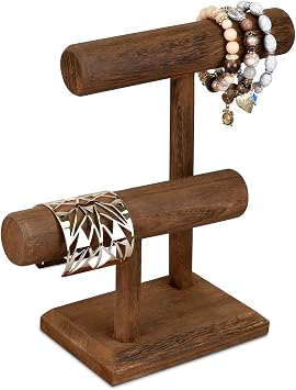 Ikee Design 2 Tier Wooden Jewelry Bracelet Watch Display Tower, Banglsch Necklace Holder Storage Stand, 7.9W x 4.3D x 9.4H Inches, Brown