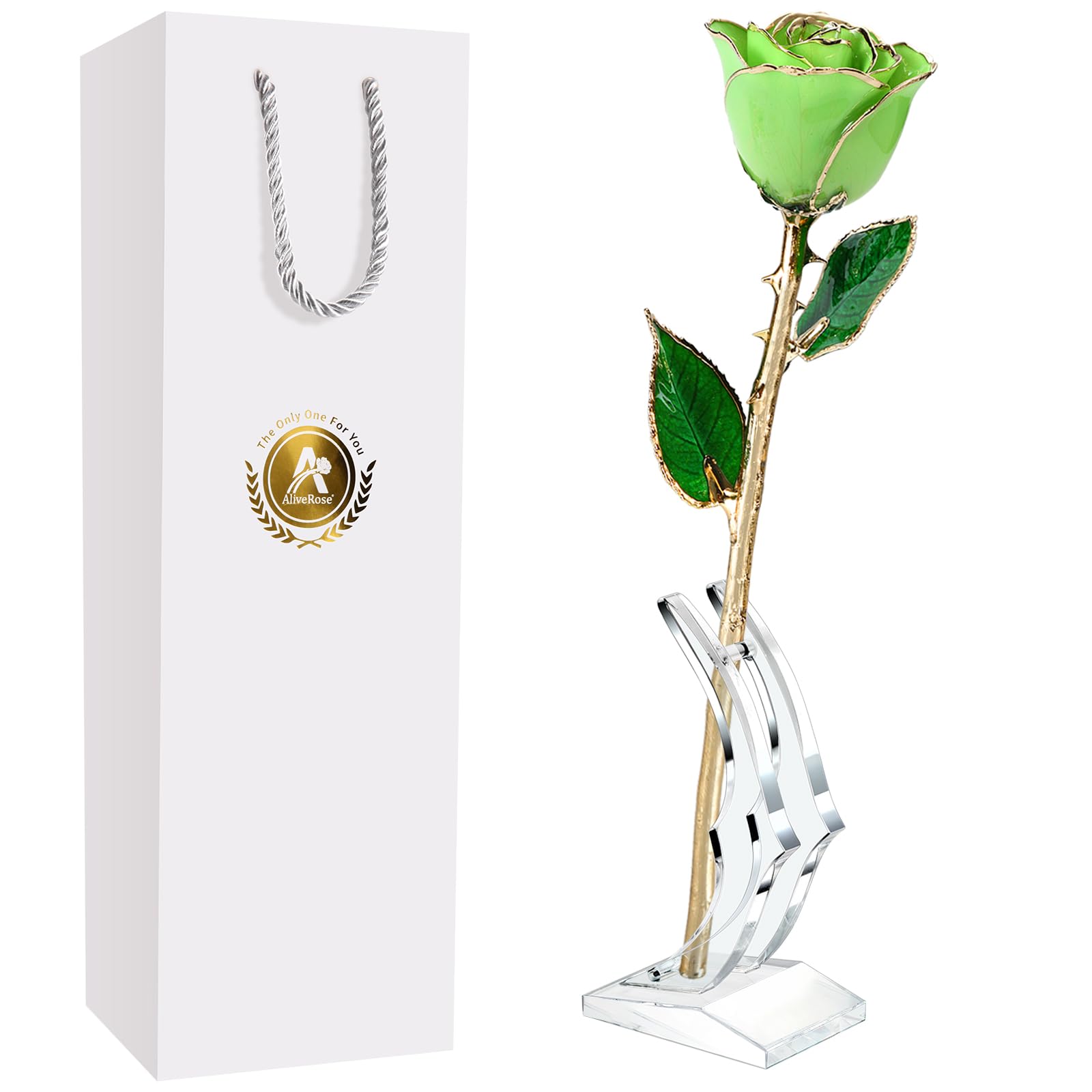 AliveRose Rose, 24K Gold Rose Made from Real Rose - Unique Design Gold Plated Rose for Anniversary Valentines Mothers Day Birthday Gifts (Green Handmade with Stand)