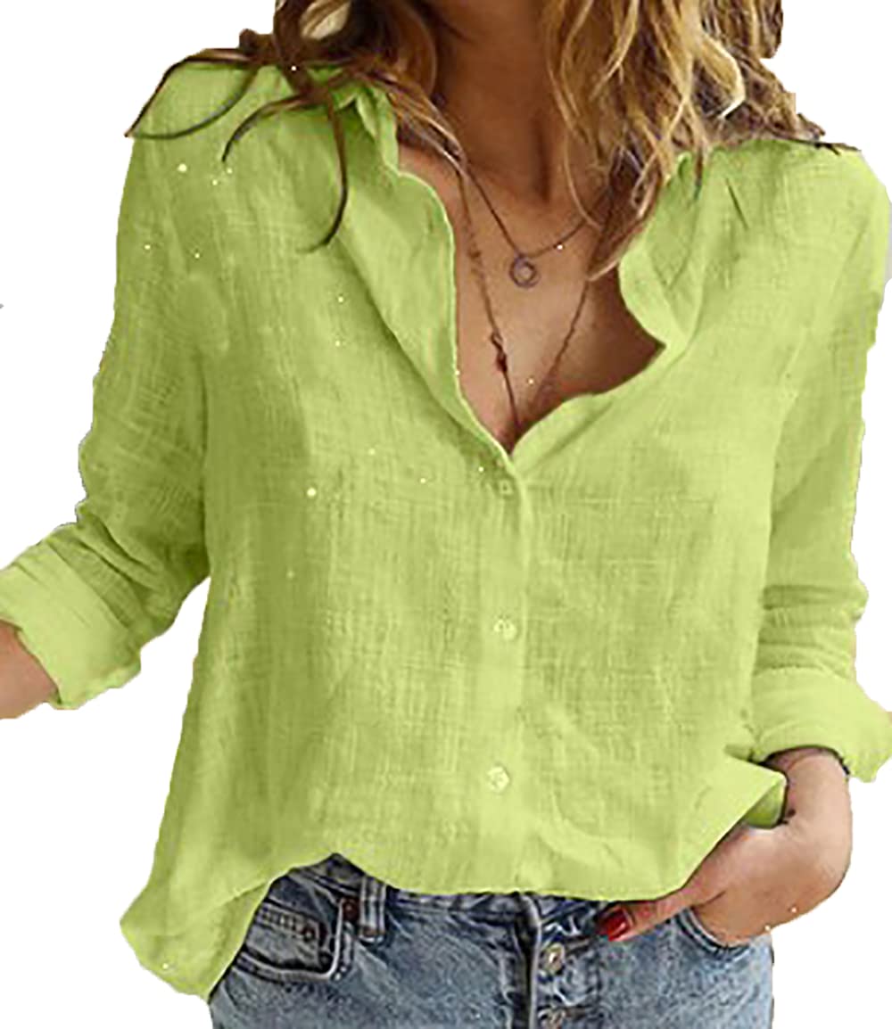 Bluedream Women's Blouses V-neck Casual Blouses with Buttoned Sleeves Tops