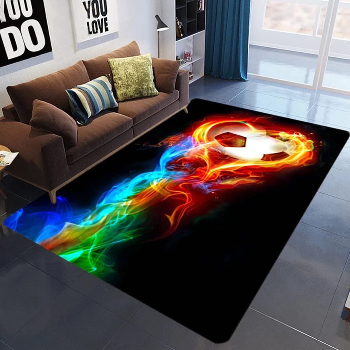 Moderner Teppich für Wohnzimmer Schlafzimmer Teenager Junge Mädchen 3D-Sport Flamme Fußball Motorrad Gitarre Druck Rutschfest Teppiche Flanell Spielmatte Schwarz Orange Rot (Farbe 2,140x200 cm)
