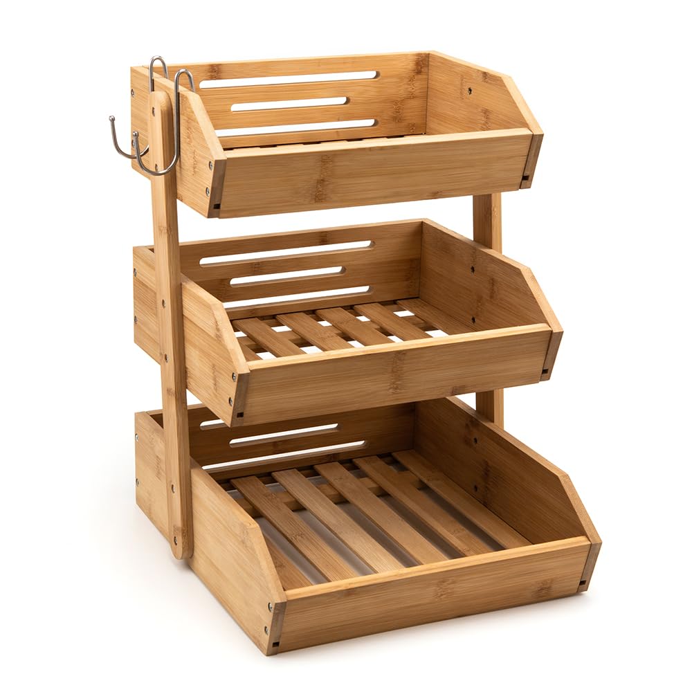 Cesto di frutta a 3 livelli in bambù per la cucina, supporto per la conservazione della frutta alto 16,3”, grande capacità multiuso per frutta e verdura e spuntini