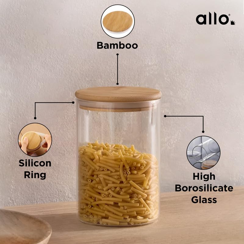 Image of Allo 600ML Kitchen Storage Box Glass Jars With Wooden Lids - Borosilicate Glass Food Storage Containers Airtight Glass Jar for Tea, Coffee, Spice, Pulses, Masala (Round Glass Jar - Set of 2)