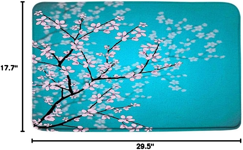 AMFD Cherry Blossom Bath Mat Spring Japanese Sakura Tree Branch Pink Floral Flower Artwork Teal Turquoise Bathroom Shower Mat Kitchen Rug Microfiber Memory Foam 16x24 Inches and 20x31 Inches