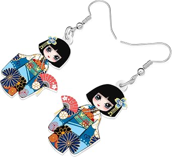 Acrylic Cute Traditional Japanese Kokeshi Doll Dangle Earrings Gift for Women Hypoallergenic Japanese Cultural Kimono Jewellery for Anime Fans Cosplay Party Decorations