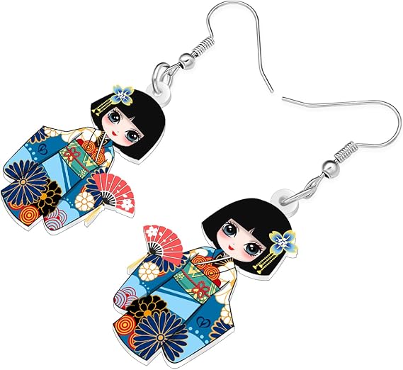 Acrylic Cute Traditional Japanese Kokeshi Doll Dangle Earrings Gift for Women Hypoallergenic Japanese Cultural Kimono Jewellery for Anime Fans Cosplay Party Decorations