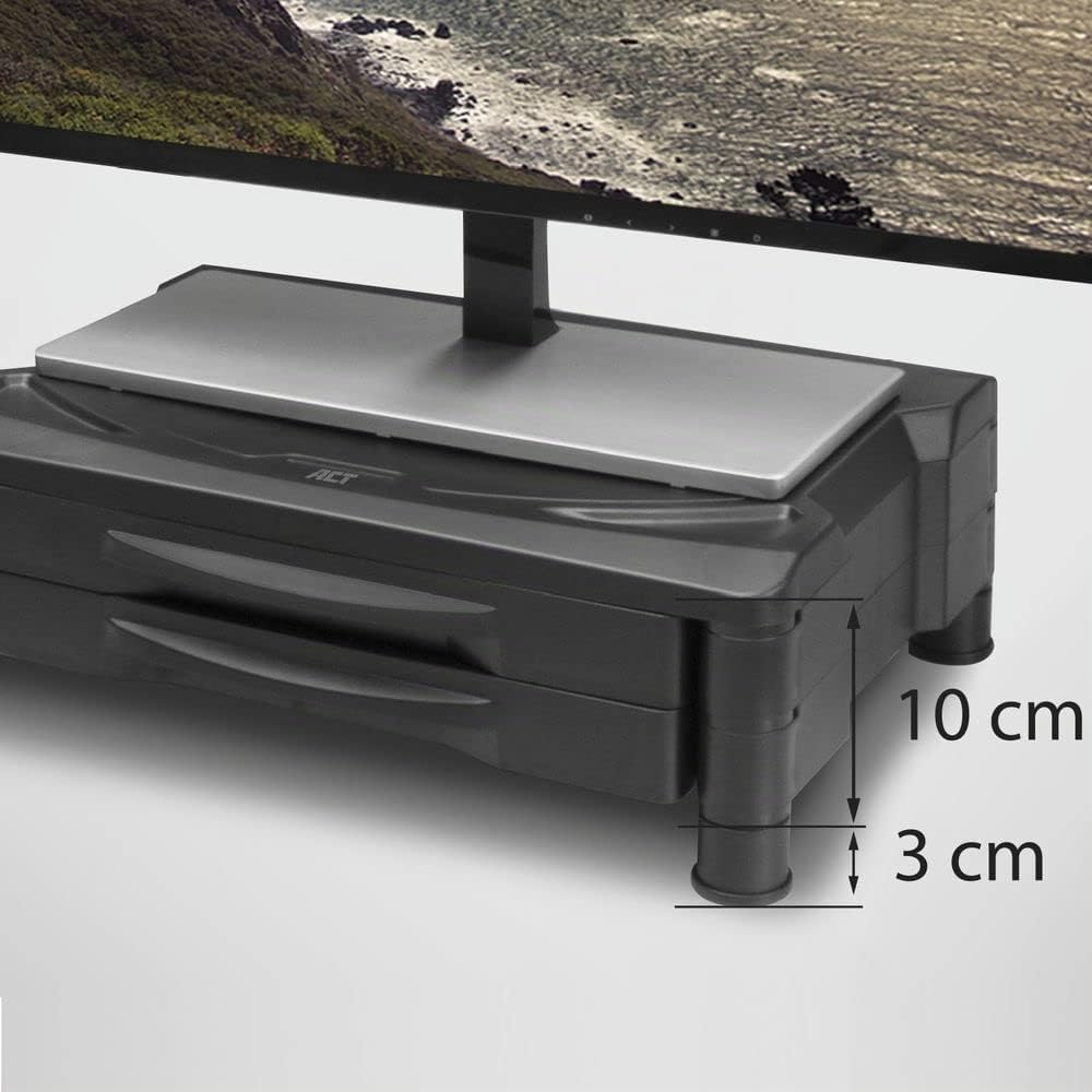 ACT AC8215 Support de moniteur extra large avec 2 tiroirs Hauteur réglable, Noir