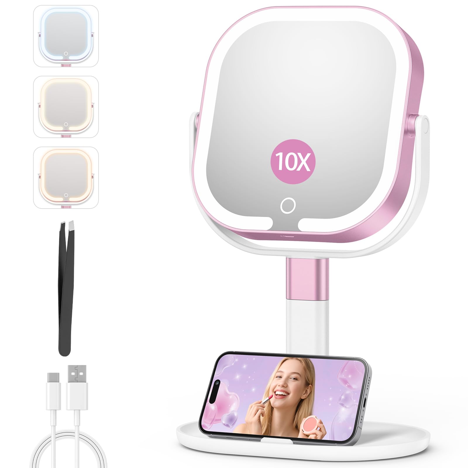 Unbednigt Makeup Mirror with Lights, 1X/10X Magnifying Vanity Mirror with Rechargeable 3 Color Lights, 360° Rotation 2-Sided Height Adjustable