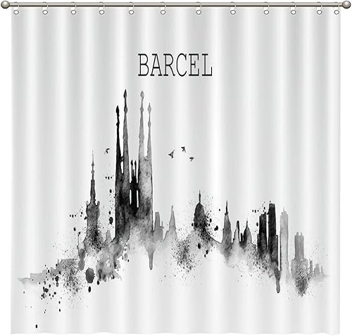 Rimego Shower Curtain Set with 12 Hooks - Skyline Barcel White and Black Waterproof Polyester Fabric Shower Curtain for Modern Home Bathroom