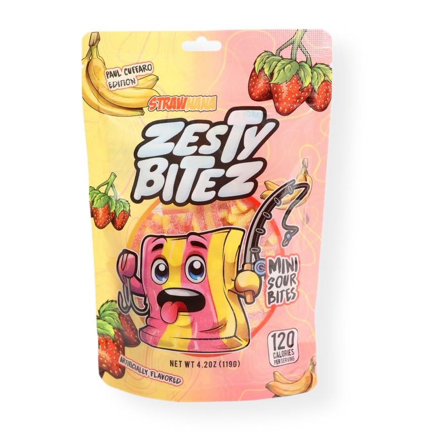 Zesty BitezSour Gummy Belt Squares, Sweet and Tangy Candy Strips, 4.2 oz Resealable Bag (Strawnana)