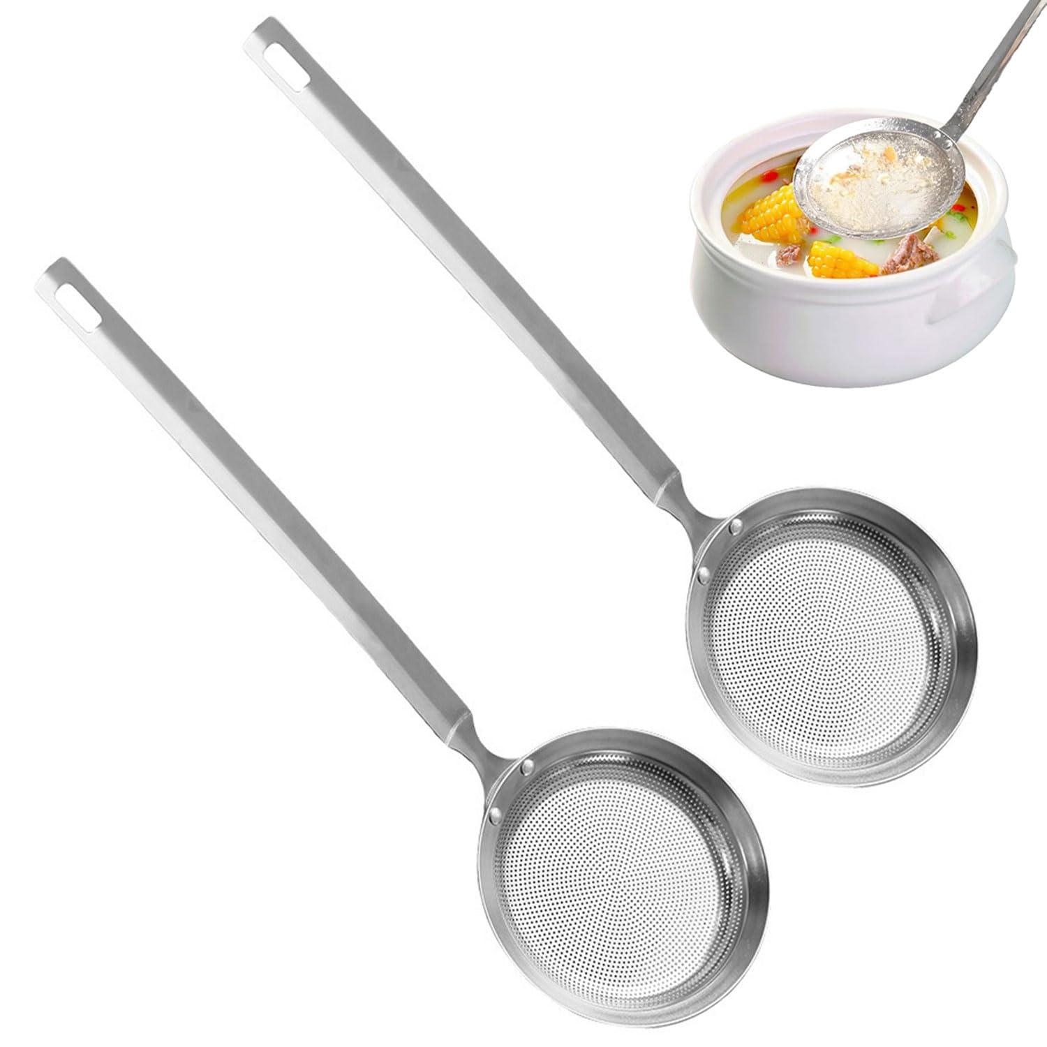 2 Unidades Espumadera Acero Inoxidable, Colador de Alimentos para Cocina, Cuchara de Filtro, Colador de Malla Fina para Separar Manchas de Aceite, Grasa, Espuma, Aceite de Filtro