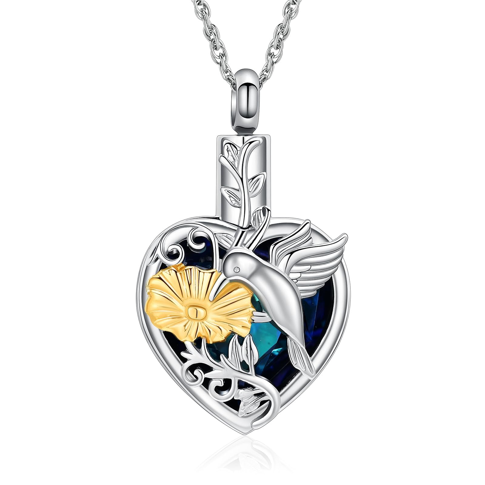 QGJNSGC Cremation Jewelry Hummingbird Urn Necklace for Ashes Necklace for Human Ashes Keepsake Memorial Cross Urn Necklaces for Ashes of Loved Ones Cat Pet (Silver Gold-blue)