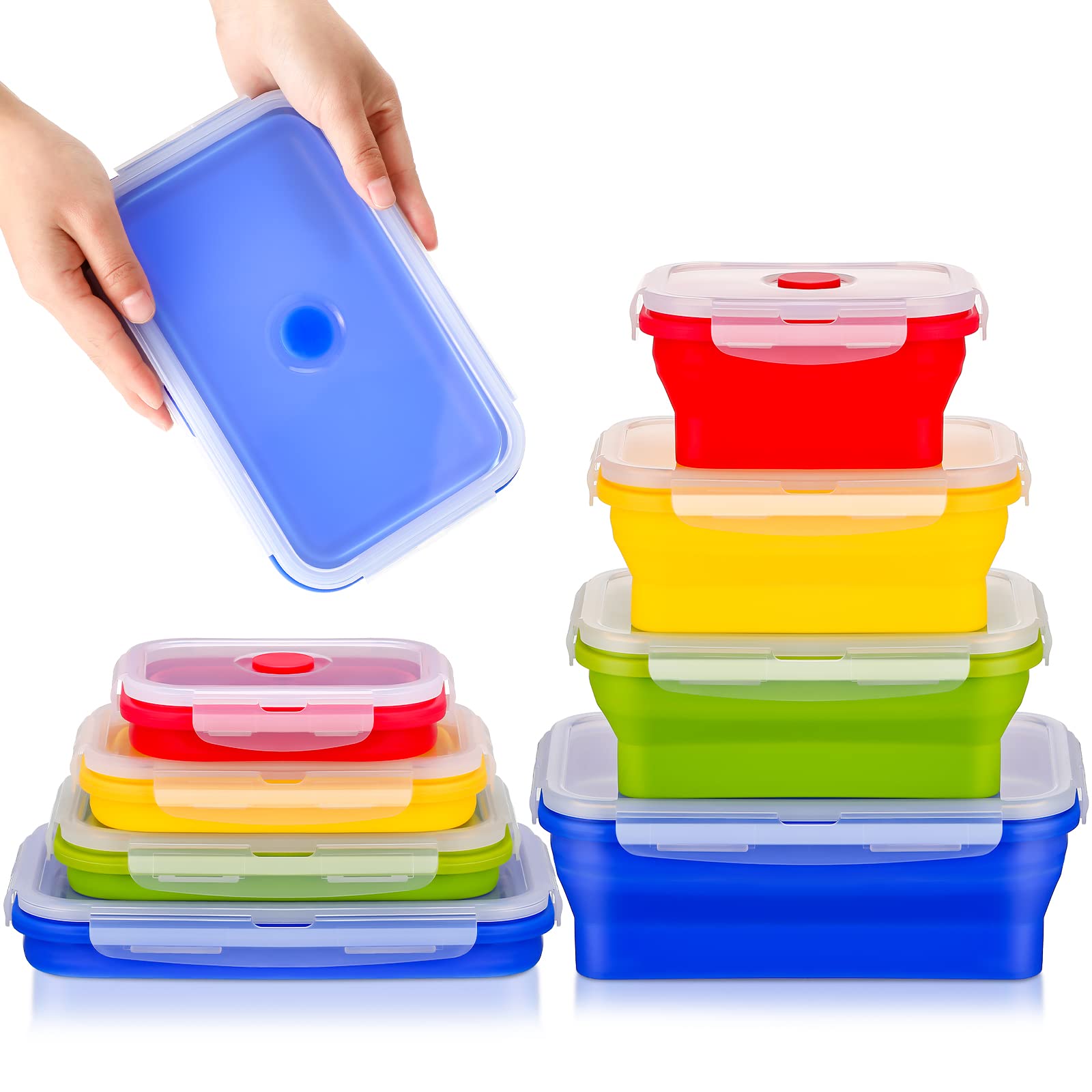 NuenenNuenen Set of 8 Silicone Food Storage Containers Rectangle Collapsible Containers with Airtight Plastic Lids Leftover Meal Box for Kitchen Lunch Camping Picnic Microwave Dishwasher and Freezer Safe