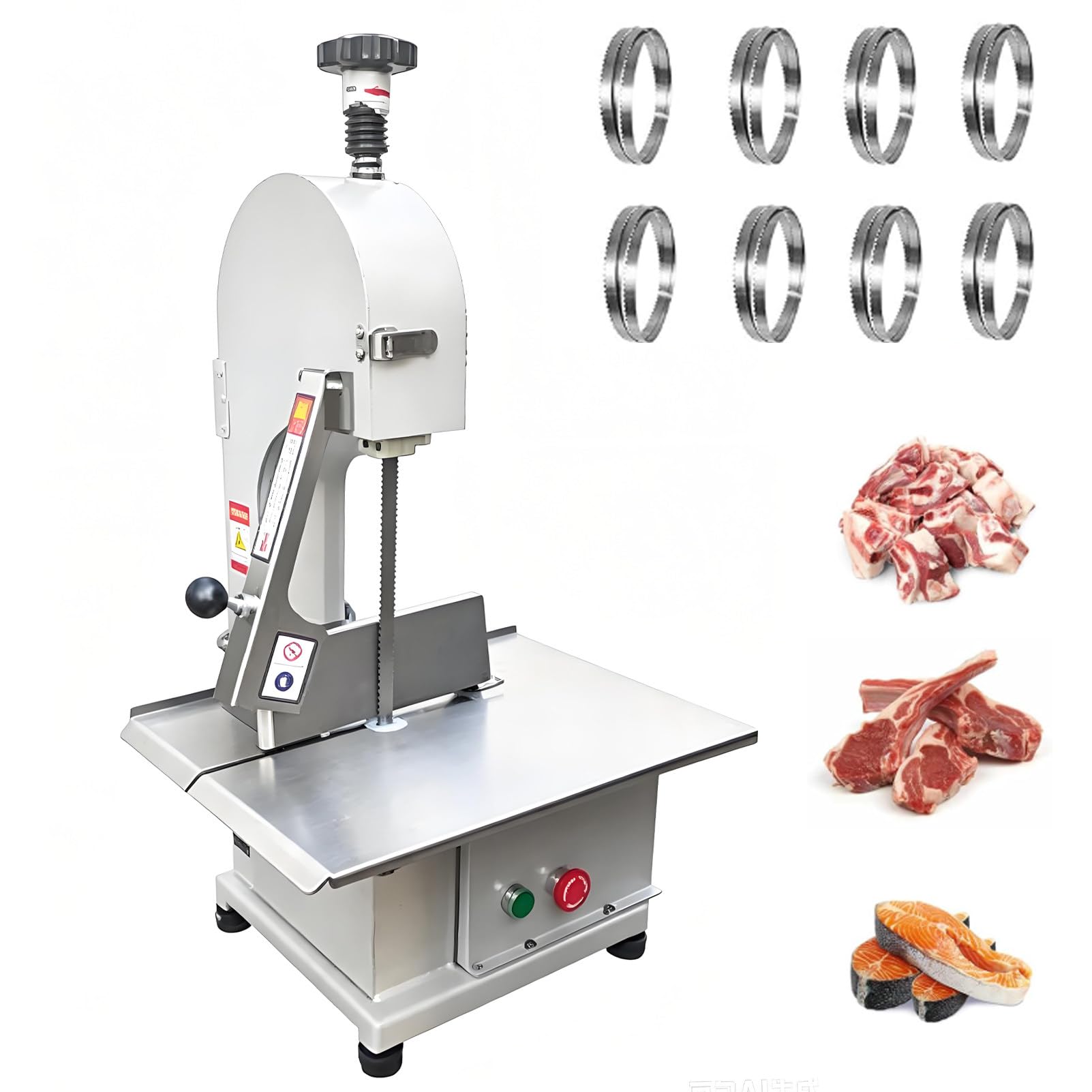 Ofyphth Countertop Bone Sawing Machine, 1100 W Meat Saw Stainless Steel, with 8 Blades, Adjustable Thickness 1-130mm, Ideal for Frozens Meat Processing.