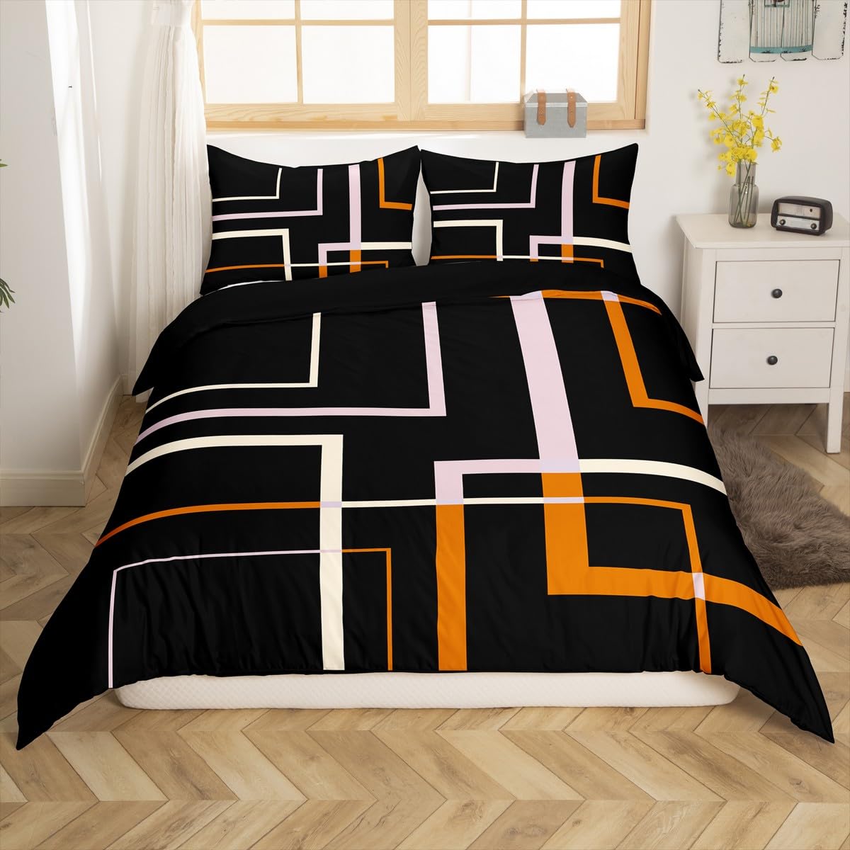 Homewish Geometric Square Bedding Single Black and Orange Duvet Cover - Image 2