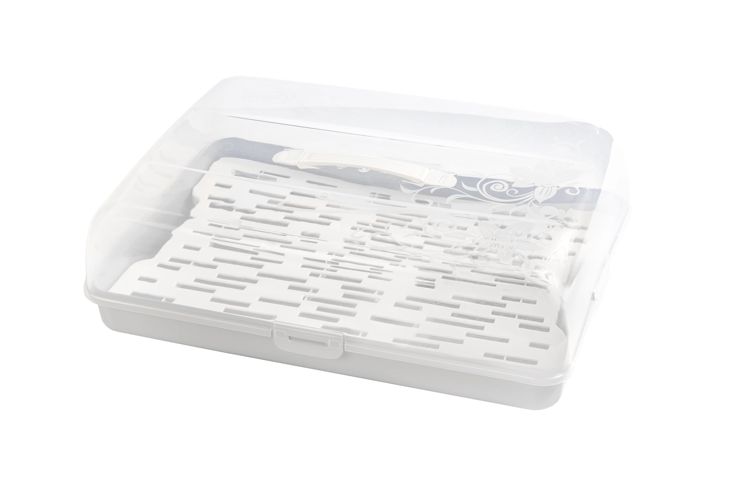 BranQ - Home essential Prostokątny pojemnik na ciasto z 2 wkładkami chłodzącymi, z tworzywa sztucznego (PP), z wysoką pokrywą, praktyczny uchwyt do noszenia, nie zawiera BPA, przezroczysty/kremowy